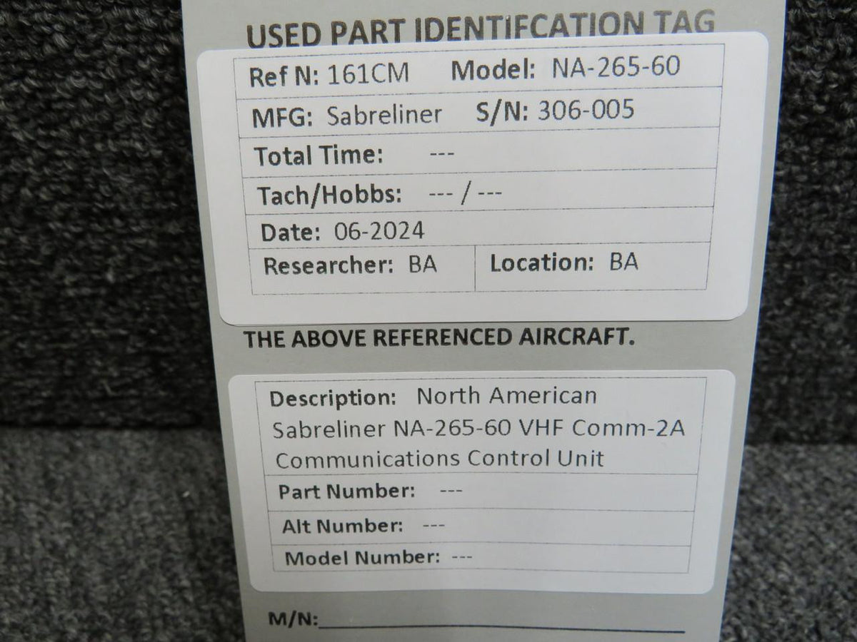 North American Sabreliner Sabreliner NA-265-60 VHF Comm-2A Communications Control Unit