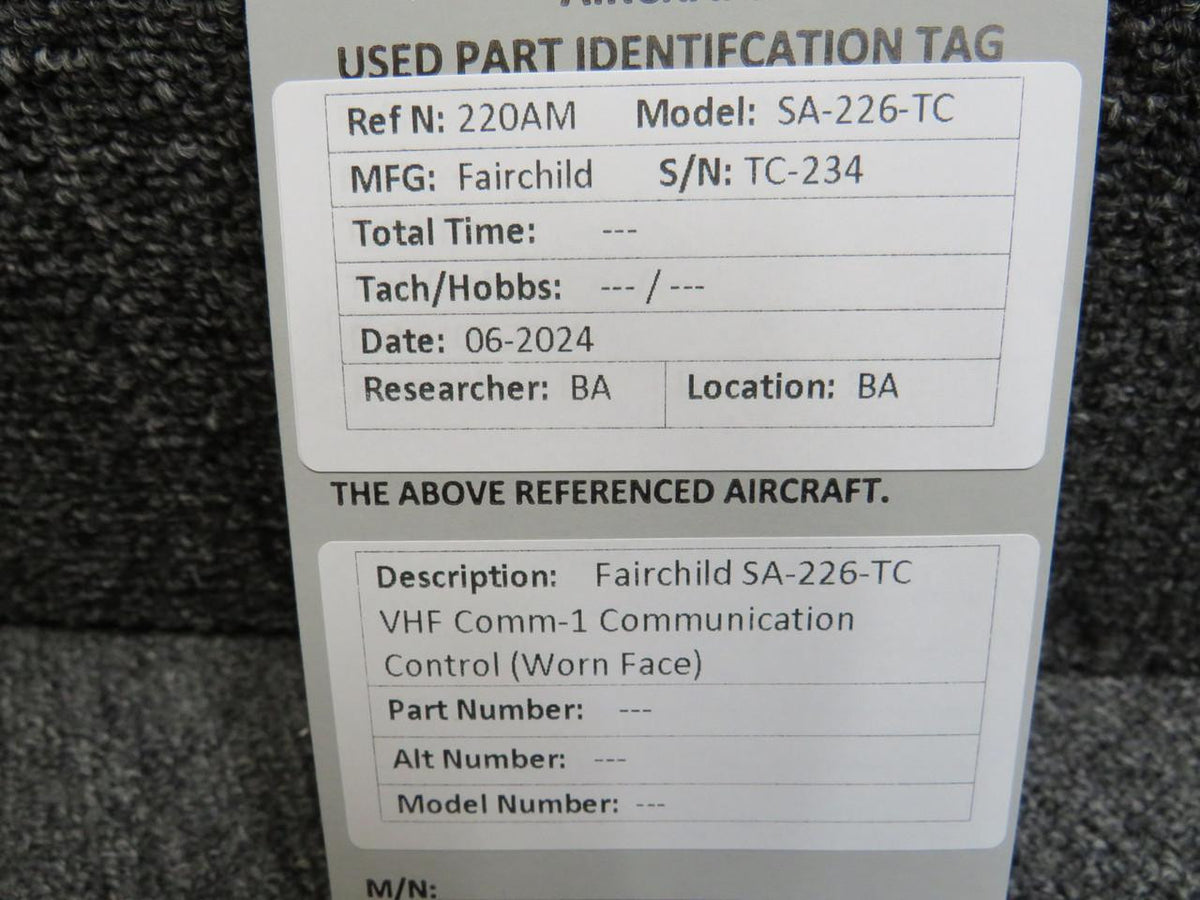 Fairchild Aviation Fairchild SA-226-TC VHF Comm-1 Communication Control (Worn Face)