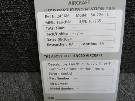 Fairchild Aviation Fairchild SA-226-TC VHF Comm-2 Communication Control (Worn Knobs)