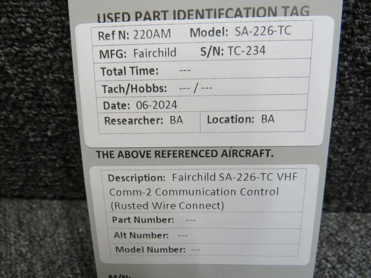 Fairchild Aviation Fairchild SA-226-TC VHF Comm-2 Communication Control (Rusted Wire Connect)