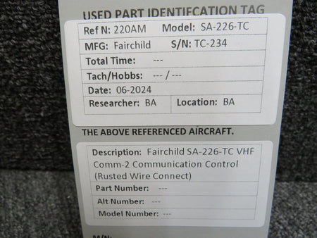 Fairchild Aviation Fairchild SA-226-TC VHF Comm-2 Communication Control (Rusted Wire Connect)