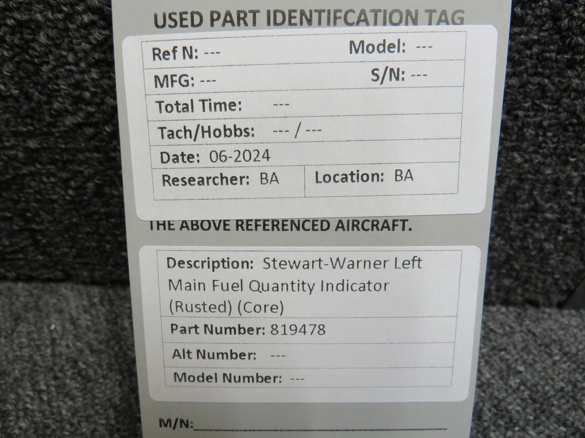 Stewart-Warner 819478 Stewart-Warner Left Main Fuel Quantity Indicator (Rusted) (Core)