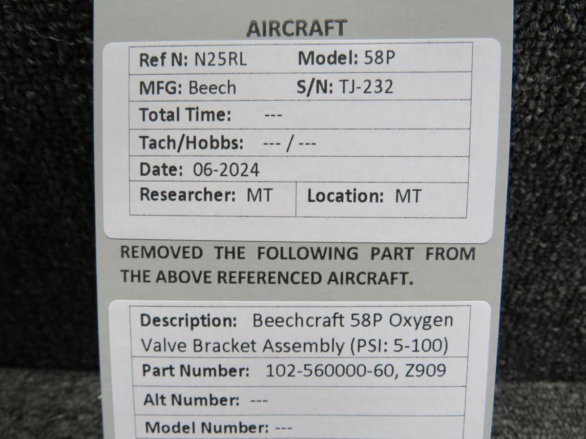 Does Not Apply 102-560000-60, Z909 Beechcraft 58P Oxygen Valve Bracket Assembly (PSI: 5-100)
