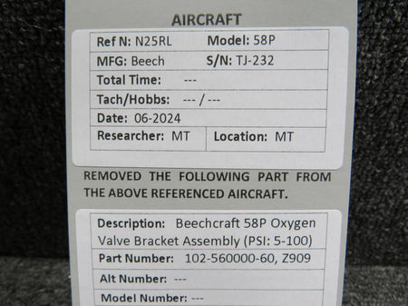 Does Not Apply 102-560000-60, Z909 Beechcraft 58P Oxygen Valve Bracket Assembly (PSI: 5-100)