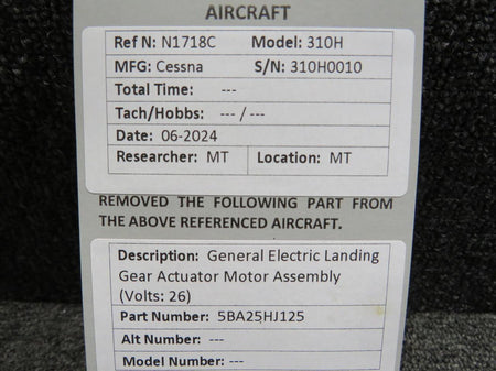 General Electric 5BA25HJ125 General Electric Landing Gear Actuator Motor Assembly (Volts: 26)