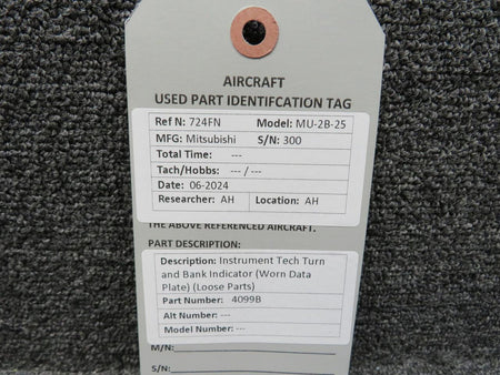 Instrument Tech 4099B Instrument Tech Turn and Bank Indicator (Worn Data Plate) (Loose Parts)