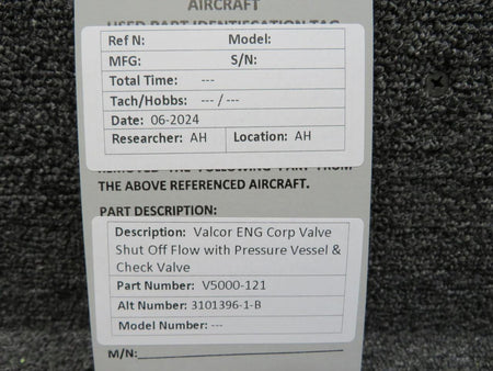 Valcor V5000-121 Valcor ENG Corp Valve Shut Off Flow with Pressure Vessel & Check Valve