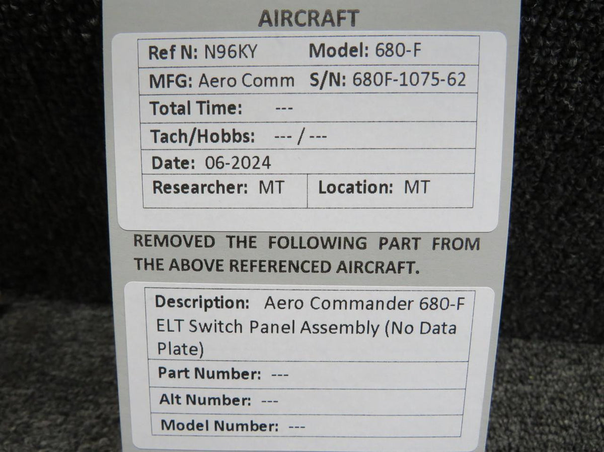 Aero Commander 680-F ELT Switch Panel Assembly (No Data Plate)