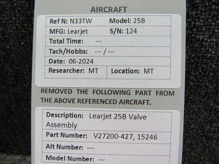 Does Not Apply V27200-427, 15246 Learjet 25B Valve Assembly