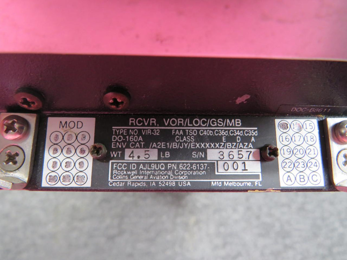 Collins 622-6137-001 Collins VIR-32 VOR, LOC, GS, MB Receiver with Mods (Missing Placard)