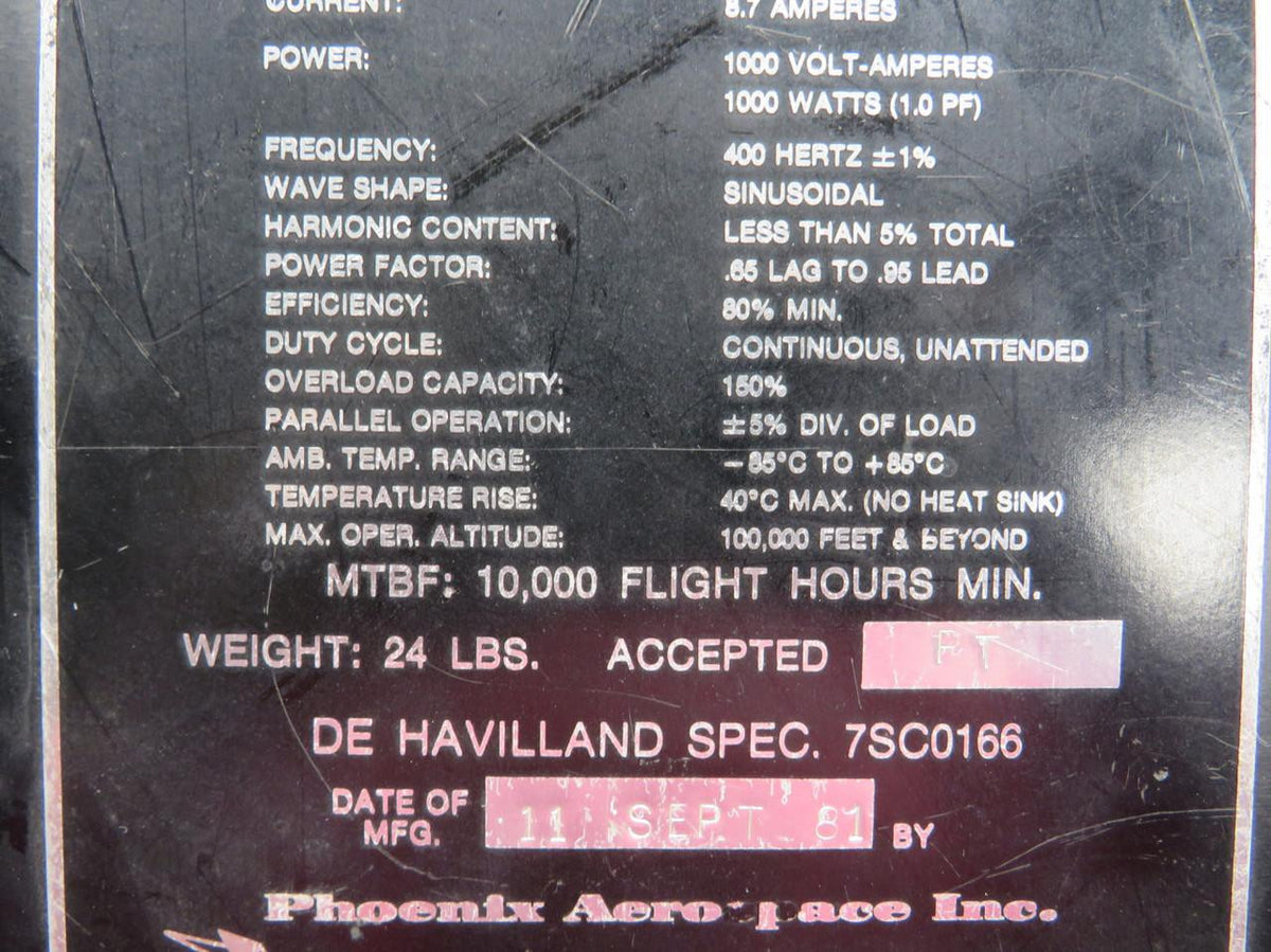 Phoenix DH-1030-24-1200-CS-IIB (Alt: 7SC0166) Phoenix Transverter Unit (Volts: 115)