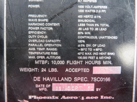 Phoenix DH-1030-24-1200-CS-IIB (Alt: 7SC0166) Phoenix Transverter Unit (Volts: 115)