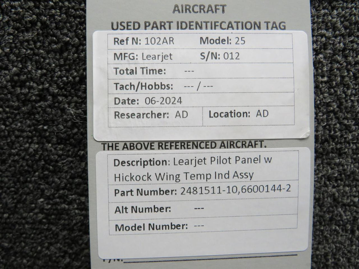 Learjet 2481511-10, 6600144-2 Learjet Pilot Panel w Hickock Wing Temp Indicator