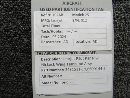 Learjet 2481511-10, 6600144-2 Learjet Pilot Panel w Hickock Wing Temp Indicator