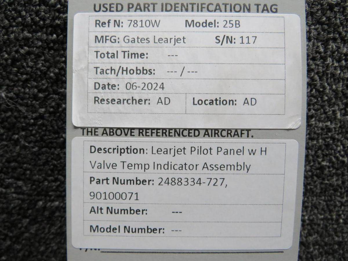 Learjet 2488334-727, 90100071 Learjet Pilot Panel with H Valve Temp Indicator