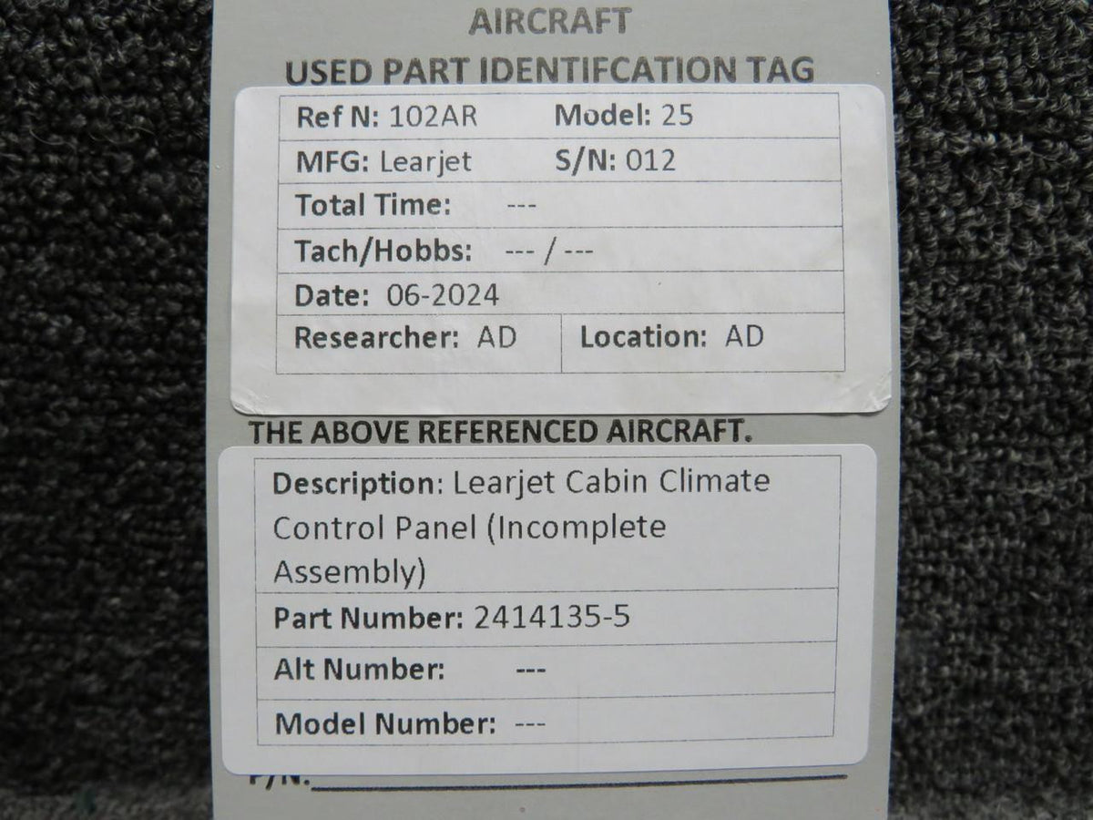 Learjet 2414135-5 Learjet Cabin Climate Control Panel (Incomplete Assembly)