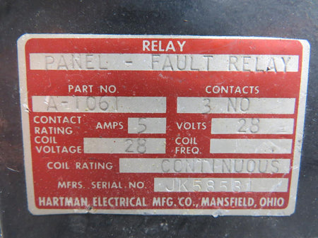 Hartman A-1061 Hartman Fault Relay Panel (Volts: 28, Amps: 5)