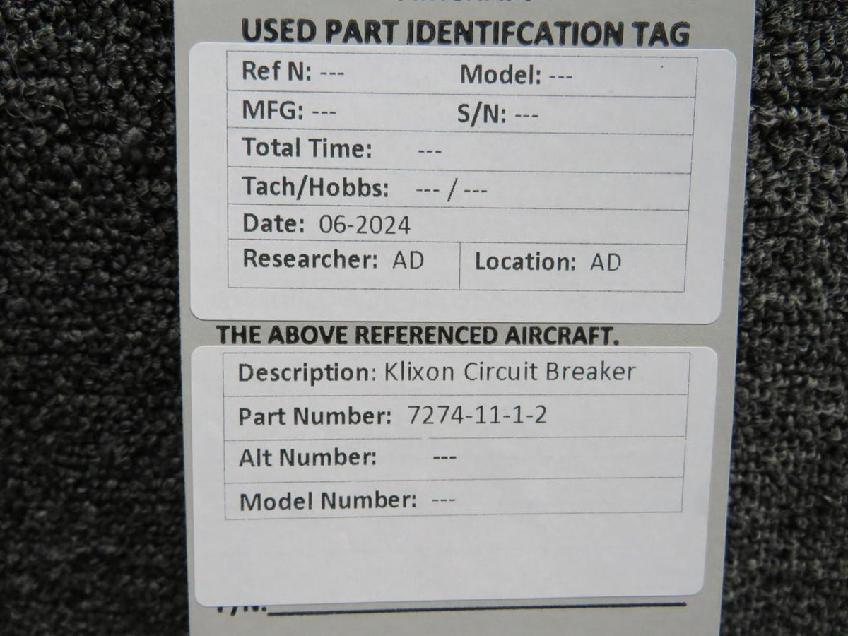Klixon 7274-11-1-2 Klixon Circuit Breaker (Amps: 0.5)