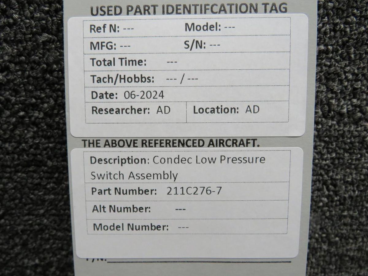 Condec 211C276-7 Condec Low Pressure Switch and Tube Assembly