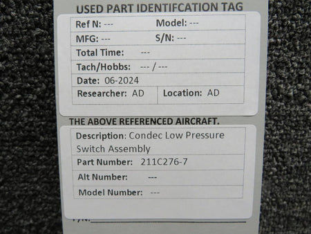 Condec 211C276-7 Condec Low Pressure Switch and Tube Assembly