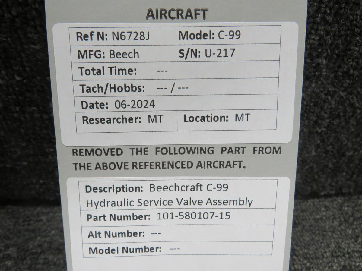 Does Not Apply 101-580107-15 Beechcraft C-99 Hydraulic Service Valve Assembly
