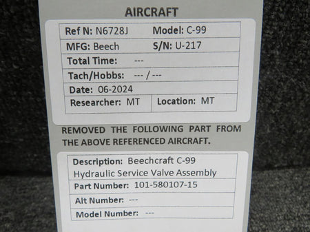 Does Not Apply 101-580107-15 Beechcraft C-99 Hydraulic Service Valve Assembly
