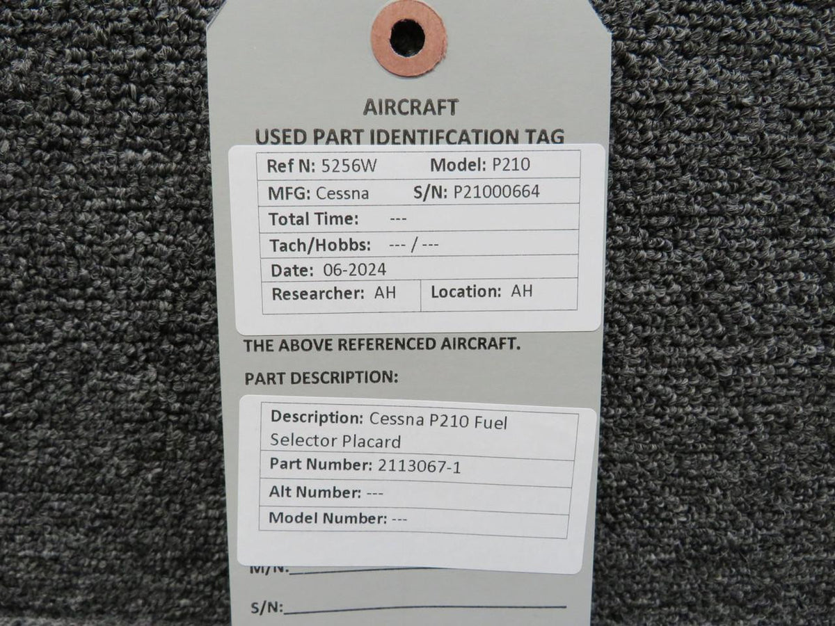 Cessna Aircraft Parts 2113067-1 Cessna P210 Fuel Selector Placard