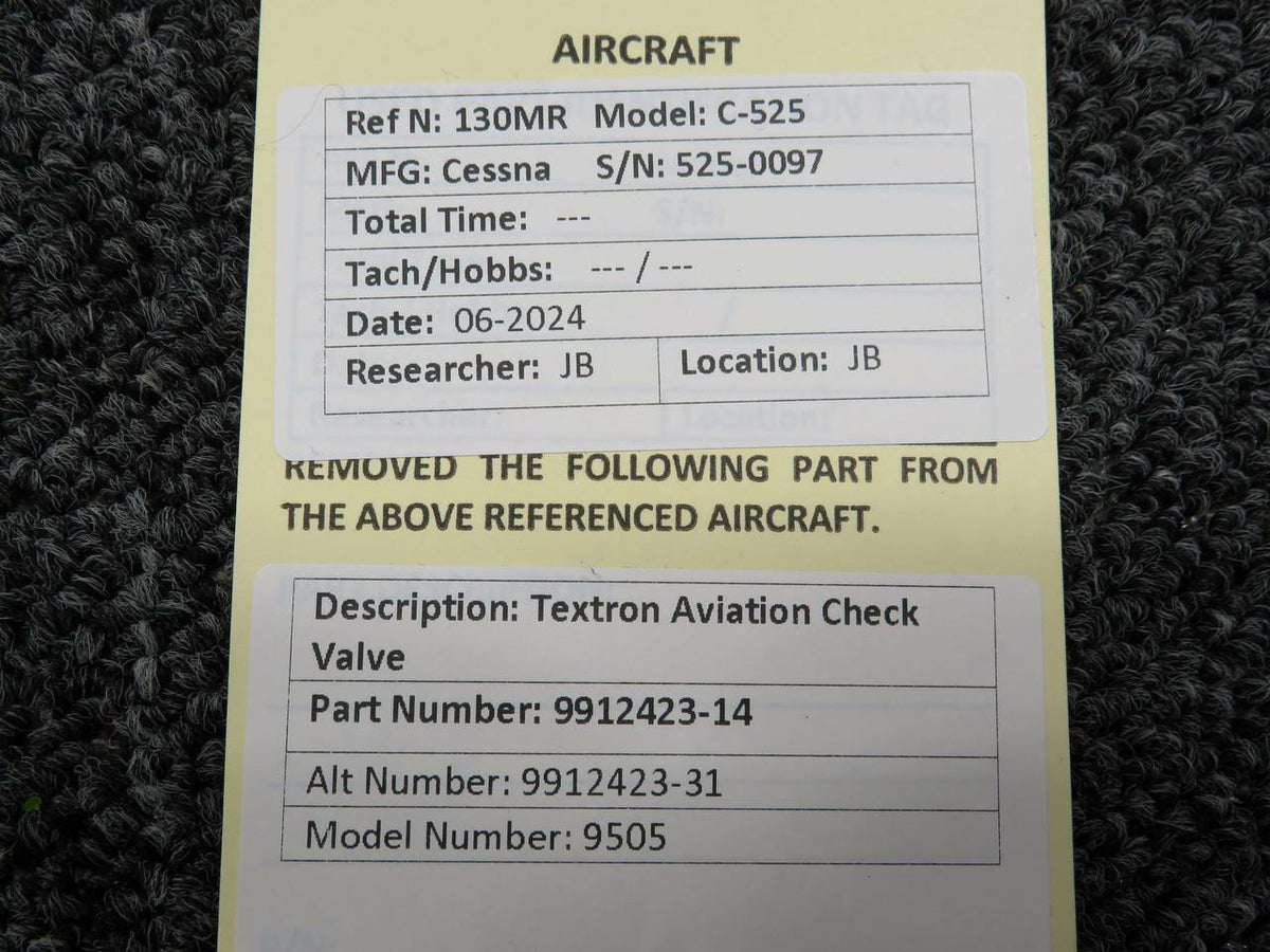 textron 9912423-14 (Use: 9912423-31) Textron Aviation Check Valve