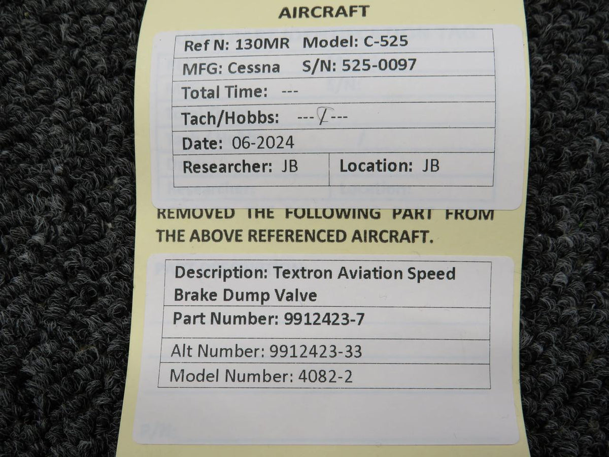 textron 9912423-7 (Use: 9912423-33) Textron Aviation Speed Brake Dump Valve