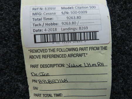 BYLB50168 Cessna Citation 500 De-Ice Valve LH / RH BAS Part Sales | Airplane Parts