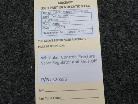 Whittaker Controls 320585 Whittaker Controls Pressure Valve Regulator and Shut-Off