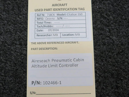 Airesearch 102466-1 Aireseach Pneumatic Cabin Altitude Limit Controller