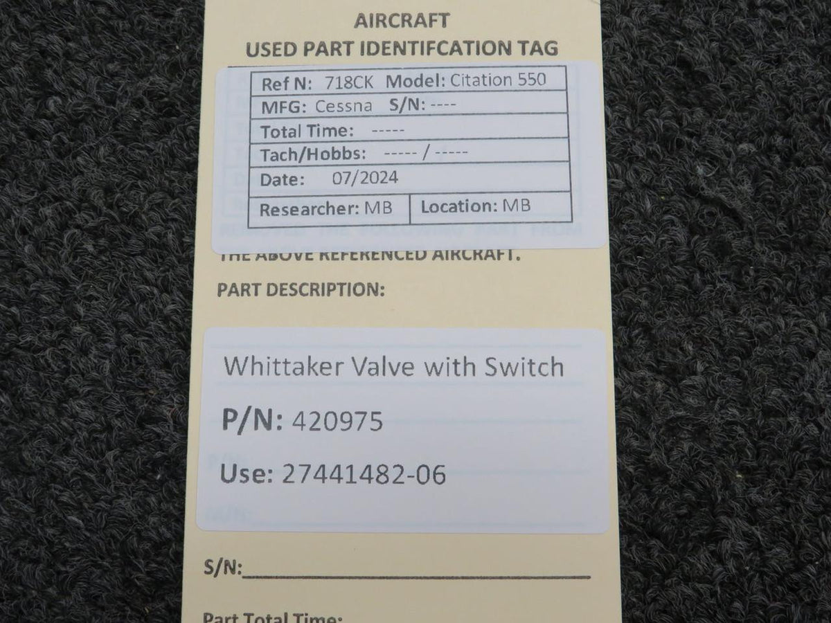 Whittaker 420975 (Use: 27441482-06) Whittaker Valve with Switch