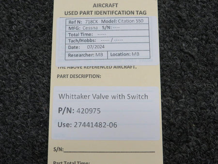 Whittaker 420975 (Use: 27441482-06) Whittaker Valve with Switch