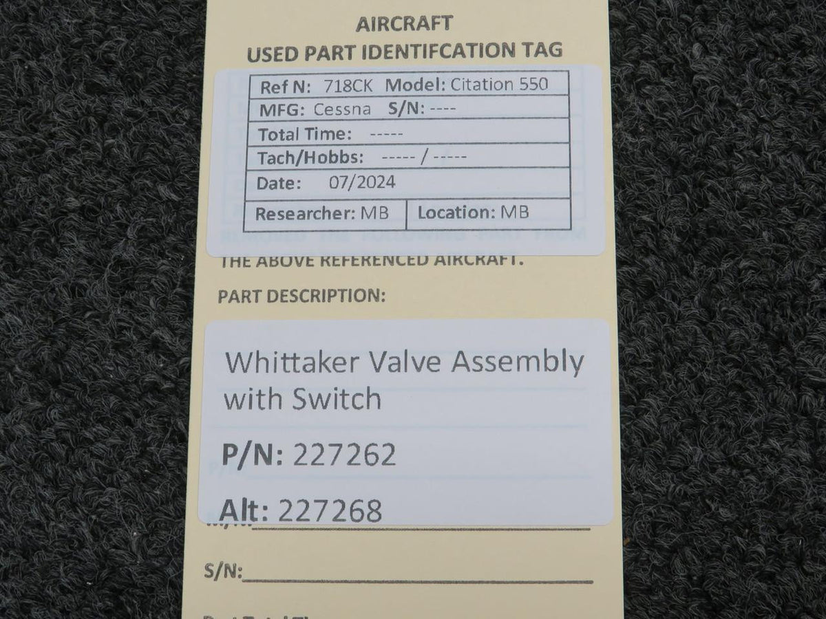 Whittaker 227262 (Alt: 227268) Whittaker Valve Assembly with Switch