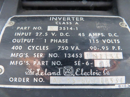 Leland Electrosystems Inc SE-6-2A (Alt: X-3514-1) Leland Electric Inverter (27.5V)