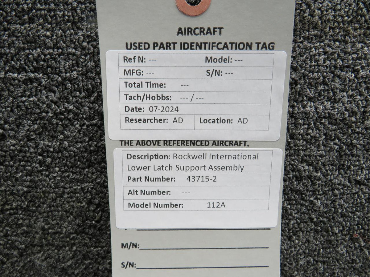 Rockwell Aviation Airplane Parts 43715-2 Rockwell International 112A Lower Latch Support Assembly