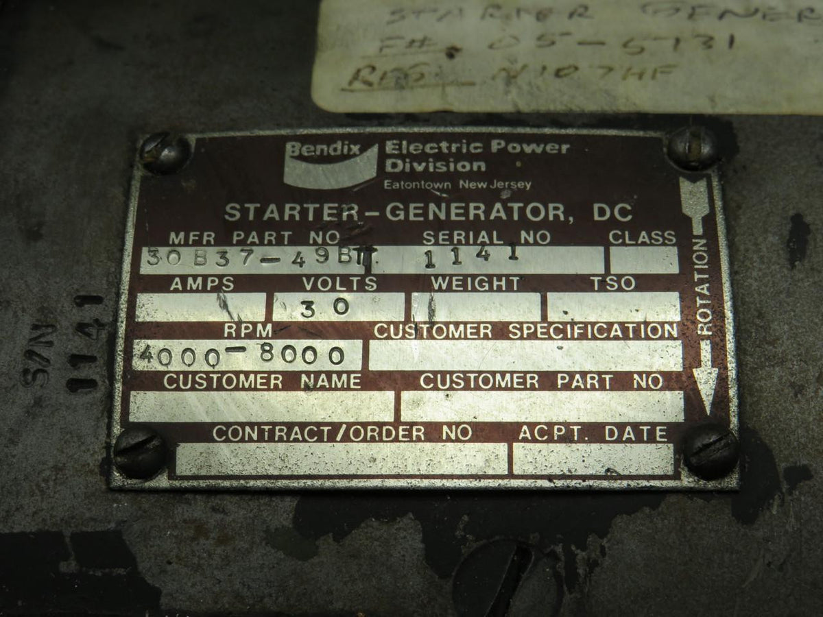 Bendix Airplane Parts & Equipment 30B37-49BT Bendix DC Starter Generator (30V)