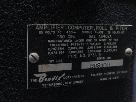 Bendix Airplane Parts & Equipment 18731-1B Bendix Computer Amplifier Pitch and Roll (Volts: 28)
