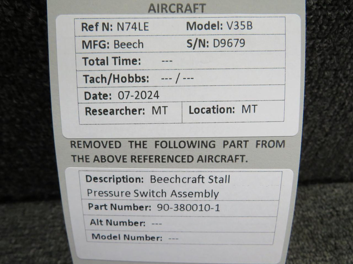 Beechcraft Parts 90-380010-1 Beechcraft Stall Pressure Switch Assembly