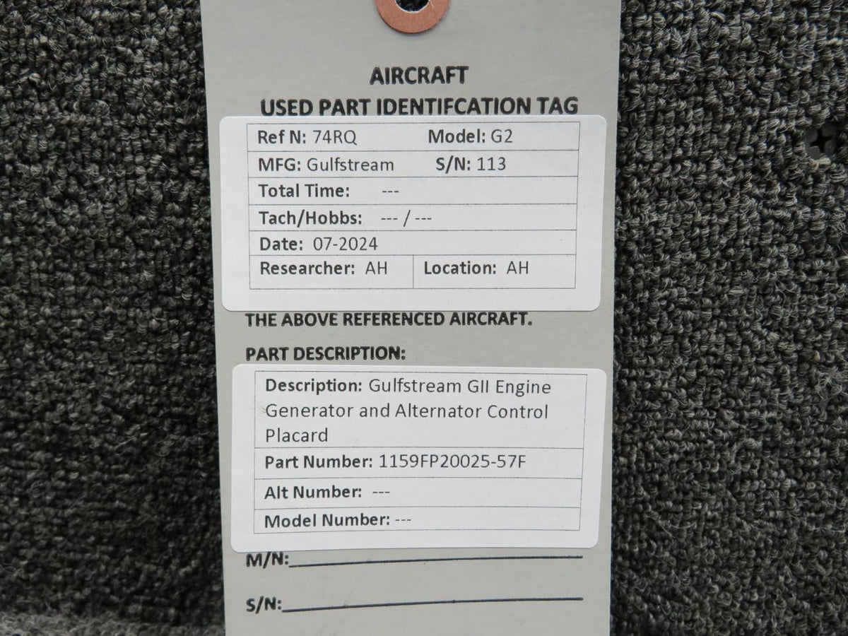 Gulfstream 1159FP20025-57F Gulfstream GII Engine Generator and Alternator Control Placard