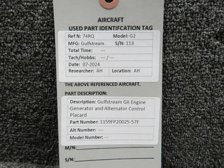 Gulfstream 1159FP20025-57F Gulfstream GII Engine Generator and Alternator Control Placard