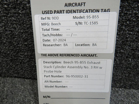 Does Not Apply 96-950002-31 Beech 95-B55 Exhaust Stack Cylinder Assembly No. 3 RH w Probe Hole