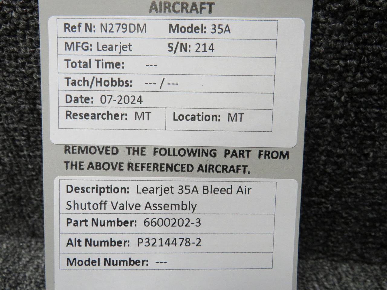 ハルナ　ページ 6600202-3 (Alt: 3214478-2) Learjet 35A Bleed Air Shutoff Valve