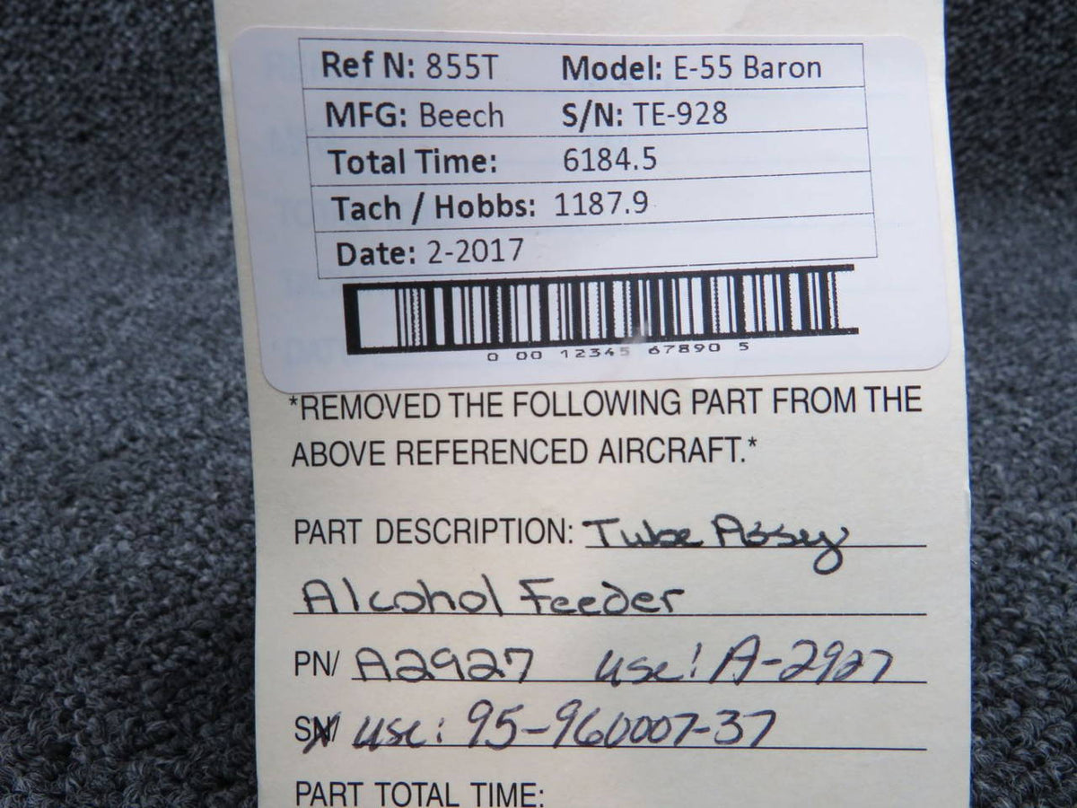 A2927 (Use: A-2927, Alt: 95-960007-37) ) Beech E-55 Tube Assembly Alcohol Feeder BAS Part Sales | Airplane Parts