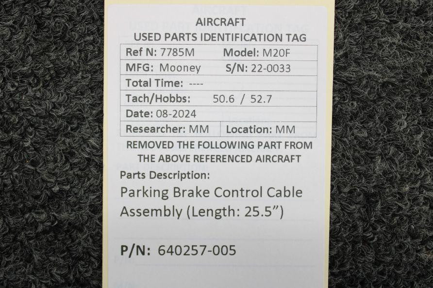 Mooney Aircraft Parts & Accessories 640257-005 Mooney M20F Parking Brake Control Cable Assembly (Length: 25.5”)