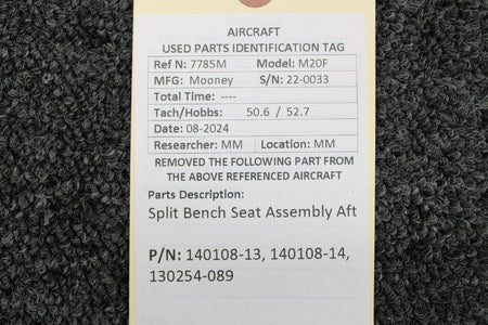 Mooney Aircraft Parts & Accessories 140108-13, 140108-14, 130254-089 Mooney M20F Split Bench Seat Assembly Aft
