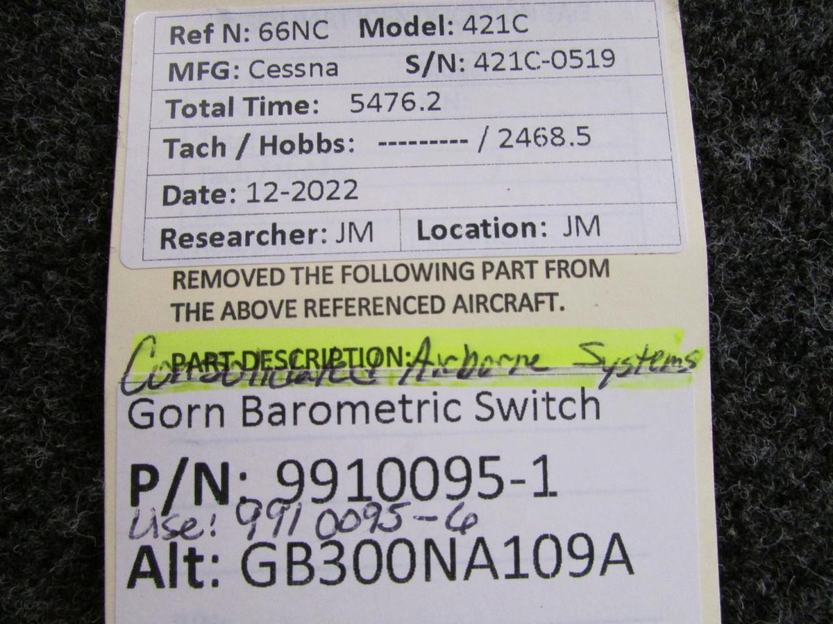 Consolidated Airborne Systems 9910095-2 (Alt: GB300NA109A) Consolidated Gorn Barometric Switch
