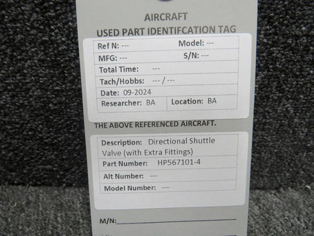 Does Not Apply HP567101-4 Directional Shuttle Valve with Extra Fittings