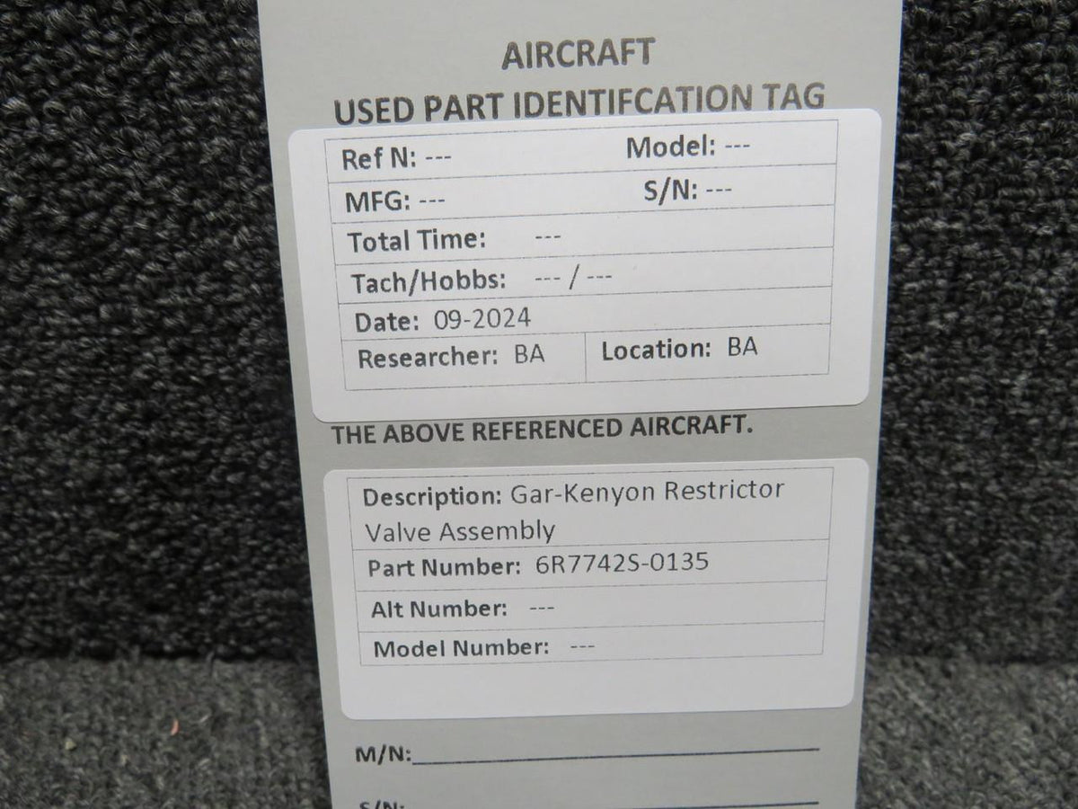Gar-Kenyon 6R7742S-0135 Gar-Kenyon Restrictor Valve Assembly